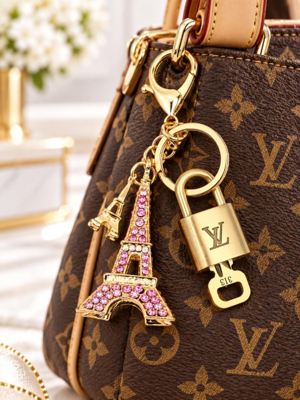LV Authentic Gold Lock & Key🔑Luxury Bag Charm w/Unbranded Eiffel Tower Keychain